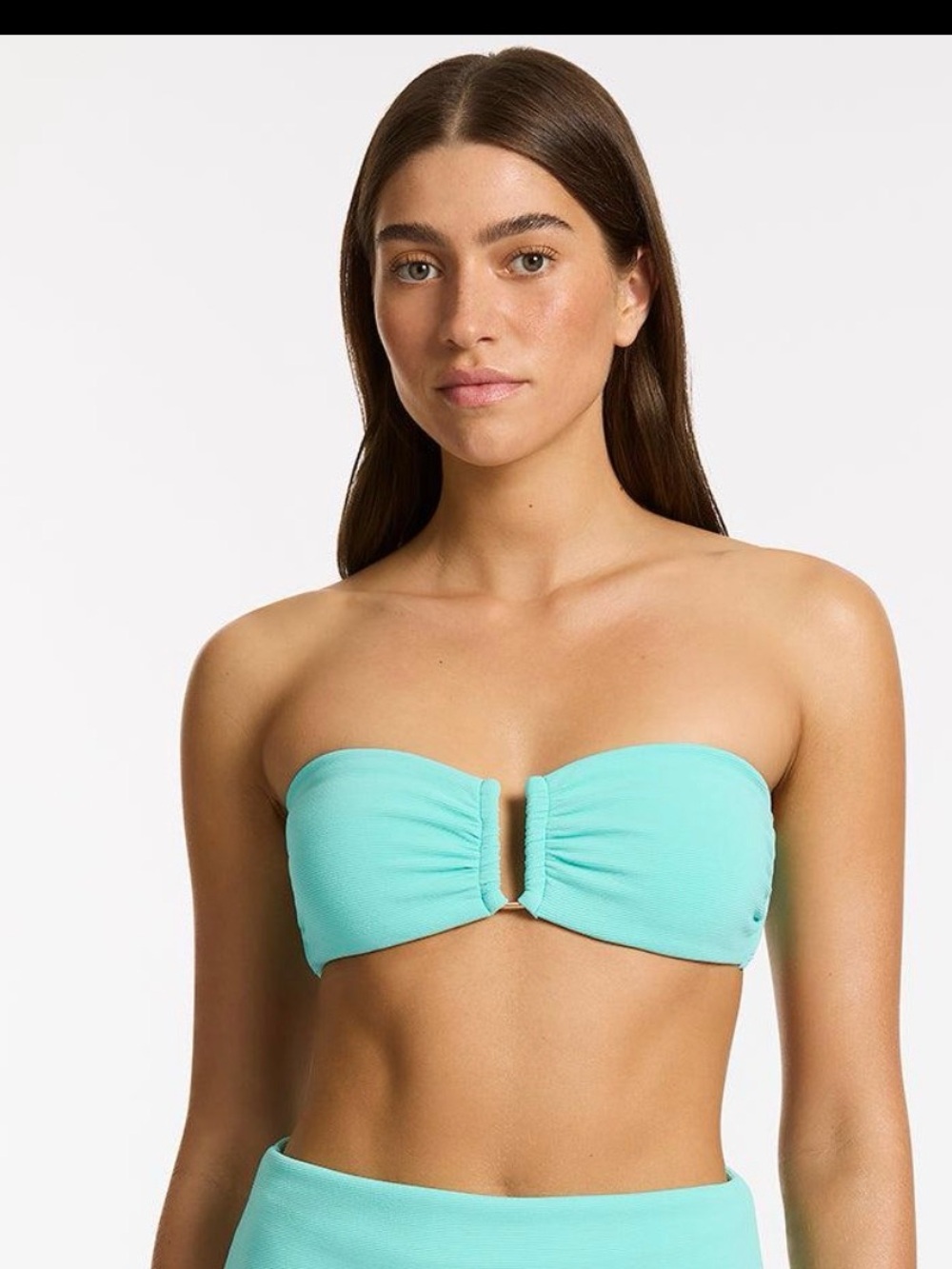 NWT JETS Australia Aqua Ribbed Bandeau Bikini Top Gold Hardware US 10